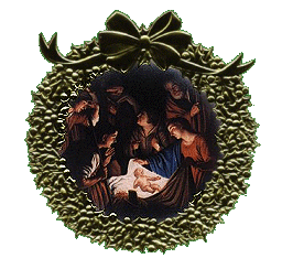 nativity enclosed in gold wreath
